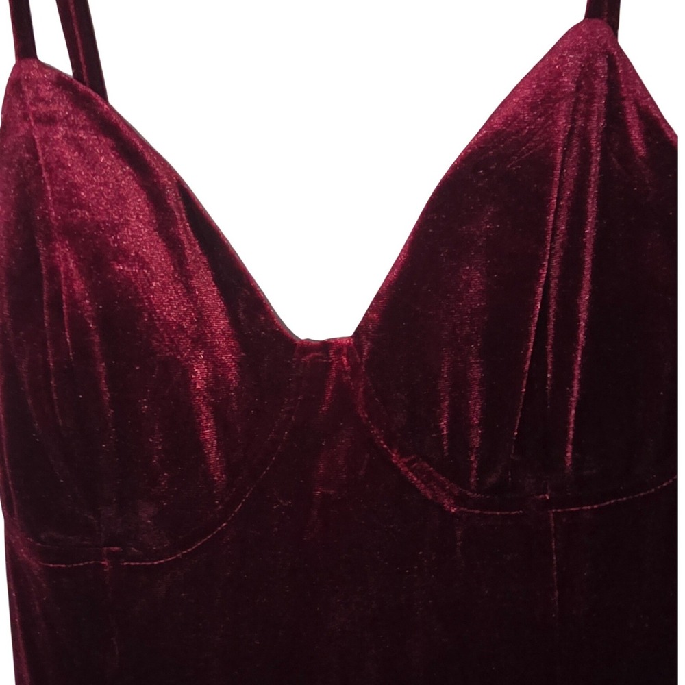 Lulus Burgundy Velvet Maxi Dress Sweetheart Chiffon Godet Inset Evening Gown XL - Picture 8 of 16